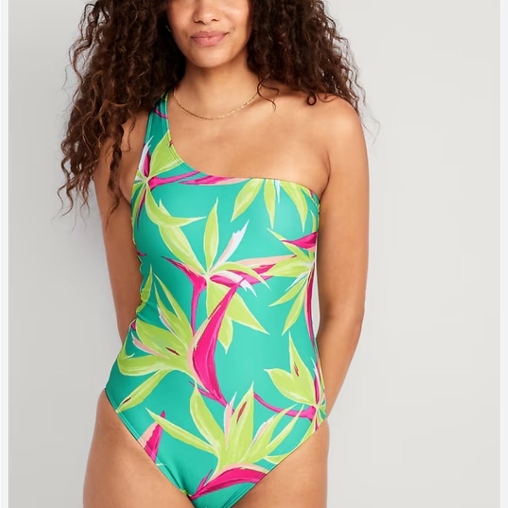 Old Navy Printed One-Shoulder Swimsuit in Tropic Days